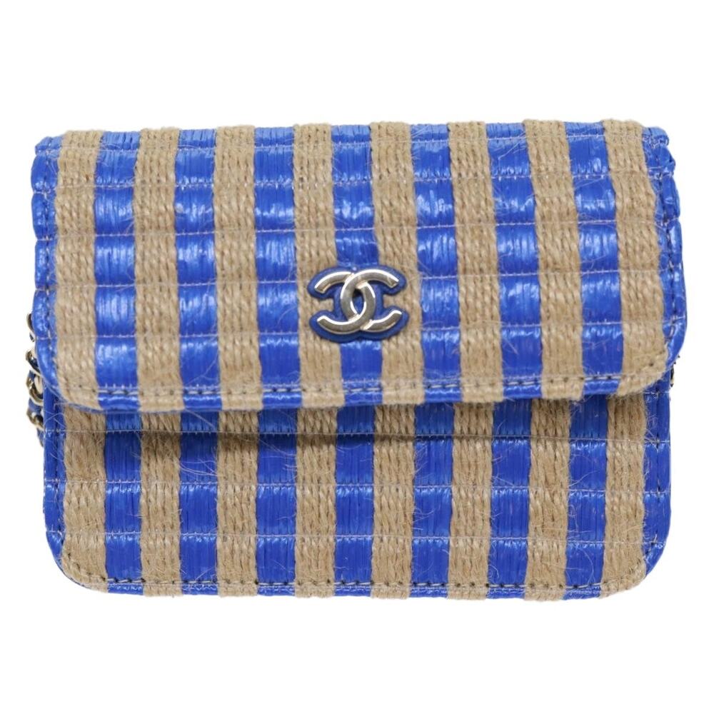 Chanel Raffia Chain Shoulder Bag Blue Canvas